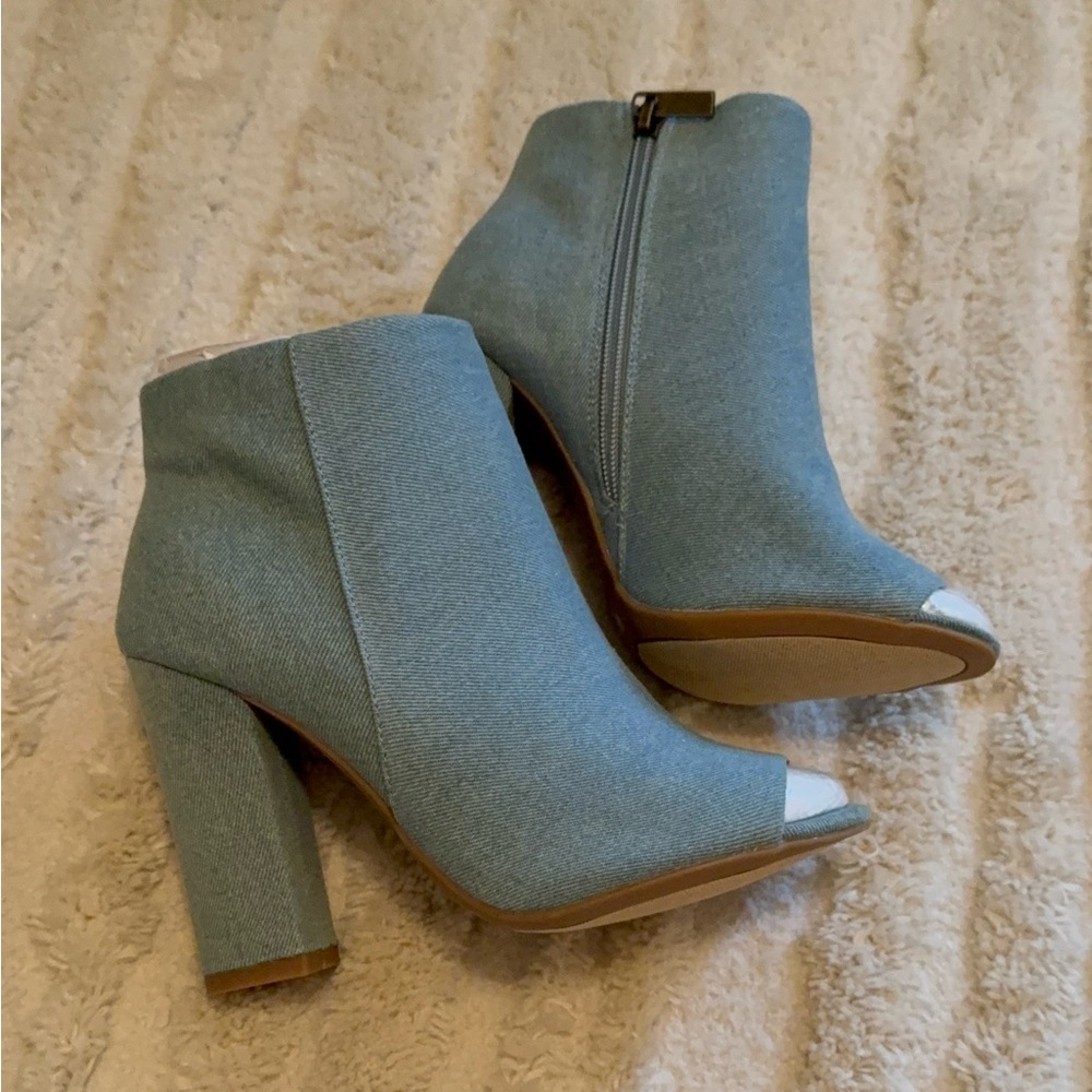 women denim blue peep toe chunky heel bootie
